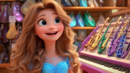 Poster - A cheerful animated character in a music store surrounded by various instruments.