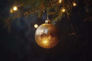Aufkleber - Golden Christmas ornament radiates sparkle while suspended from a pine branch, surrounded by soft glowing lights in a festive atmosphere. Generative AI