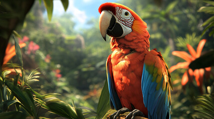 Poster - Vibrant scarlet macaw resting on a branch amidst the lush foliage of a tropical rainforest, enjoying the dappled sunlight