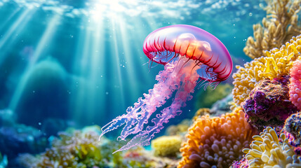 Poster - Colorful coral reef and pink jellyfish in a sunlit underwater scene
