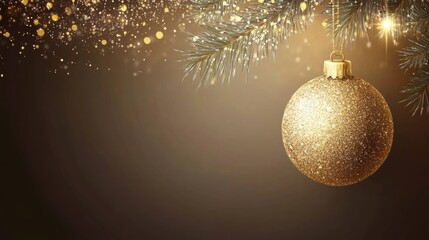 Poster - A golden ornament glimmers beautifully as it hangs from a green pine branch, capturing the essence of holiday cheer and warmth. Generative AI