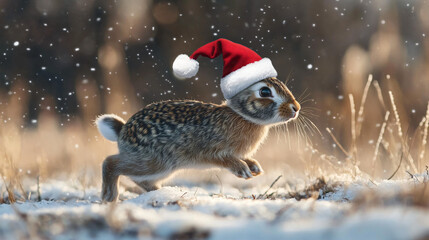 Aufkleber - Rabbit with a festive hat dashing through a snowy field with gentle snowfall