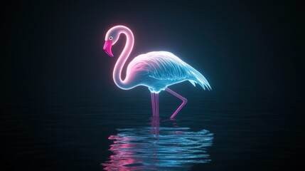 Poster - A neon flamingo stands in water, illuminated against a dark background.