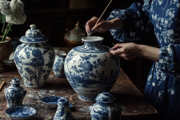 Aufkleber - A person delicately paints intricate designs on traditional blue-and-white porcelain vases.