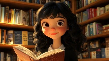 Aufkleber - A young girl with curly hair smiles while reading a book in a cozy library setting.