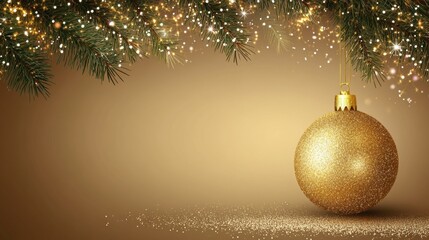 Poster - A shimmering golden Christmas ornament is delicately suspended from a lush pine branch, creating a festive atmosphere for the holidays. Generative AI