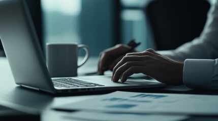 Aufkleber - A person typing on a laptop with a coffee mug and documents on a desk.