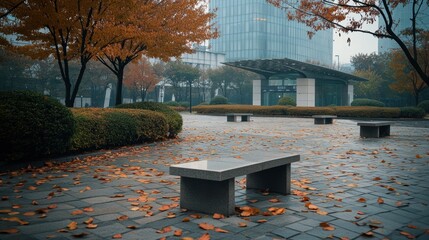 Poster - A serene urban scene with benches surrounded by autumn leaves and modern architecture.