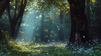 Poster - Golden butterflies flying in a magical forest with sunbeams, flowers, and a large tree, creating a fantasy atmosphere