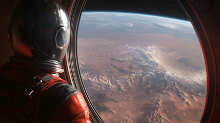 Aufkleber - Astronaut marvels at the stunning martian scenery from the spacecraft window, showcasing an enchanting landscape