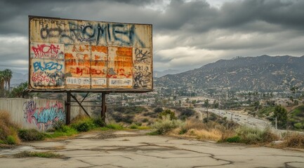 Poster - A weathered billboard overlooking a highway and hills under a cloudy sky.