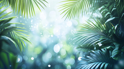 Aufkleber - Lush green palm leaves frame a soft, ethereal background, creating a tranquil and tropical atmosphere