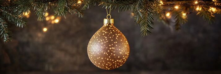 Poster - A golden ornament glimmers brightly, suspended from a pine branch, surrounded by softly glowing lights enhancing the festive atmosphere. Generative AI