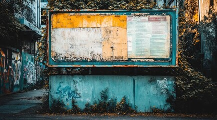 Poster - An abandoned billboard covered in foliage, showcasing urban decay and nature's reclaiming.