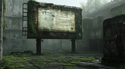 Poster - A weathered billboard covered in moss, set in a foggy, abandoned environment.