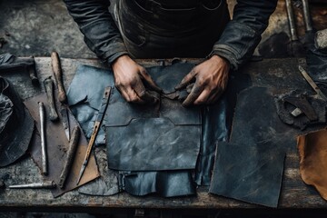 Poster - A craftsman working with leather, shaping materials on a wooden table.