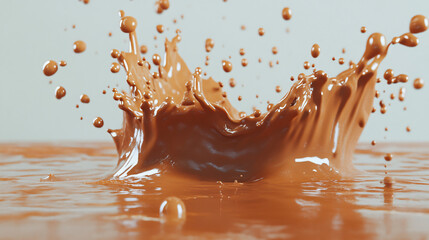 Poster - Splashing chocolate creates a crown on liquid surface, forming droplets and ripples - ideal for beverage or dessert ads