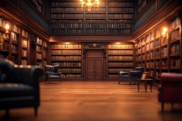 Aufkleber - A cozy library with wooden shelves, books, and comfortable seating for reading and relaxation.