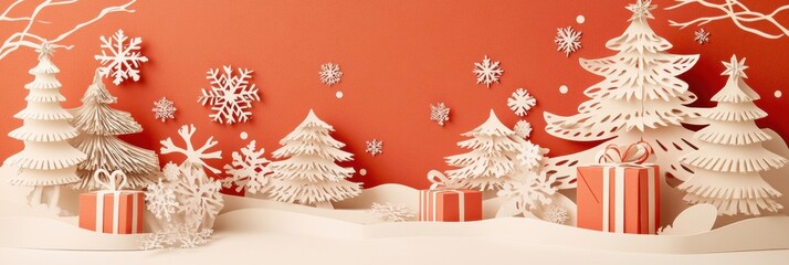 Poster - This unique holiday card features delicately crafted paper cut-out trees and snowflakes, creating a festive atmosphere for the season. Generative AI