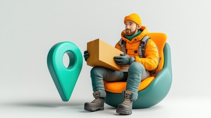 Aufkleber - A person in a cozy chair holds a package beside a location pin symbolizing delivery.