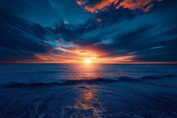Wall Mural - dramatic incredible sunset sky over beach and sea waves. generative ai