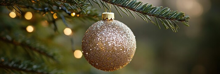 Poster - A golden Christmas ornament hangs from a pine branch, adding a touch of sparkle to the holiday decorations in a cozy setting. Generative AI
