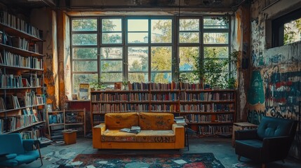 Aufkleber - A cozy, artistic library space with bookshelves, vintage furniture, and natural light.