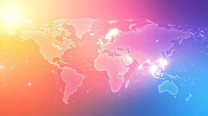 Poster - Colorful world map showing interconnected continents, representing global communication and data exchange