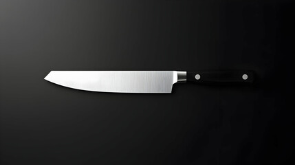 A sharp chef's knife with a black handle rests on a dark background.
