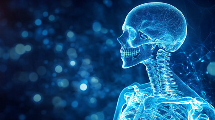 Aufkleber - Human skeleton forming from digital blue particles on dark background, suitable for medical and science themes