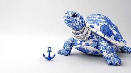 Poster - A decorative blue and white turtle with an anchor, showcasing artistic design and marine themes.