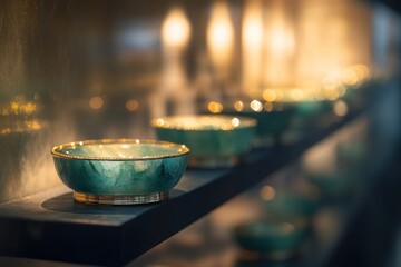 Poster - A display of elegant green bowls with golden accents on a shelf, softly illuminated.