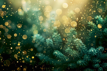 Wall Mural - Elegant abstract Christmas background featuring golden and green bokeh with sparkling lights and greenery