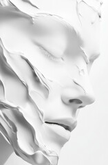 Wall Mural - Abstract close-up of a serene white face with flowing, textured layers, creating a smooth surface and soft expressions. Artistic beauty and minimalism concept.