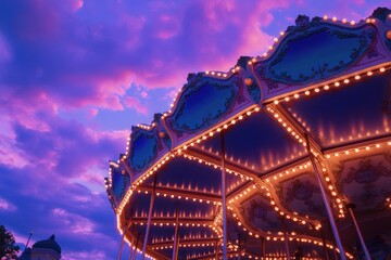 Aufkleber - A beautifully lit carousel under a vibrant sunset sky.