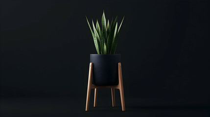 Wall Mural - a snake plant in a black pot on a wooden stand against a black background.