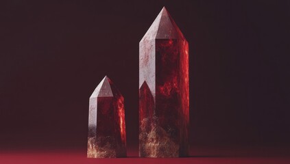 Poster - Two polished red crystals with pointed tops on a dark background.