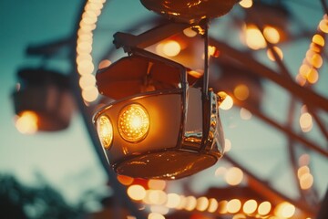 Aufkleber - A close-up of a ferris wheel cabin illuminated by warm lights during twilight.