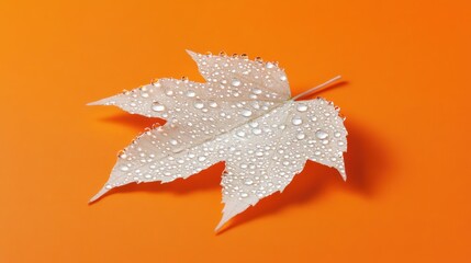 Aufkleber - A close-up of a white leaf with water droplets on an orange background.