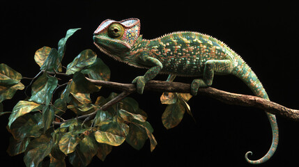 Poster - Veiled chameleon perched on a slender branch with vibrant leaves, set against a black backdrop