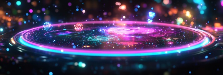 Poster - A vibrant cosmic scene with swirling galaxies and glowing orbs on a reflective surface.