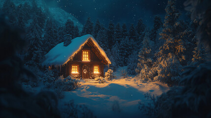Aufkleber - Cozy wooden cabin in a snowy forest at night, bathed in warm light, creating a magical winter wonderland ambiance