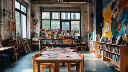 Aufkleber - A cozy library space with tables, bookshelves, and colorful artwork on the walls.