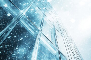 Aufkleber - A modern building facade with snowflakes falling in a winter scene.