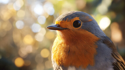 Poster - Close-up of a european robin perched on a branch, enjoying the warm sunlight filtering through the trees