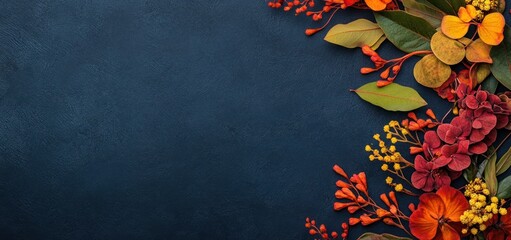 Poster - A decorative arrangement of autumn leaves and flowers on a dark background.
