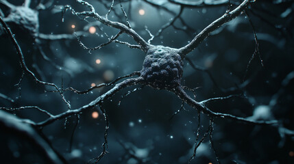 Poster - 3d rendering of a neuron sending electrical signals through its network in the brain