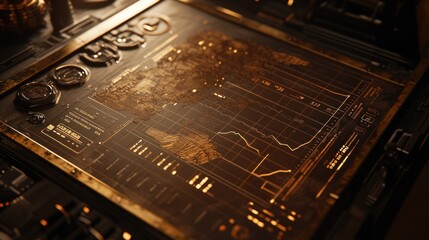Fototapete - A futuristic interface displaying data trends and analytics on a sleek, metallic surface.