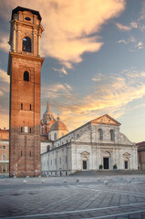 Canvas Print - Turin Cathedral and bell tower glowing at sunset, Italy