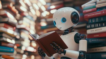 Aufkleber - Humanoid robot learning and studying, reading a book surrounded by stacks of books in a library, artificial intelligence concept